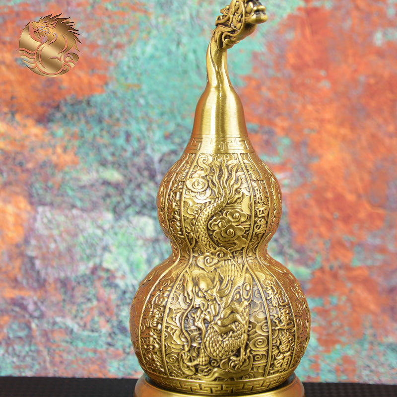 Taoist Consecrated Brass Dragon Pattern Gourd Feng Shui Ornament