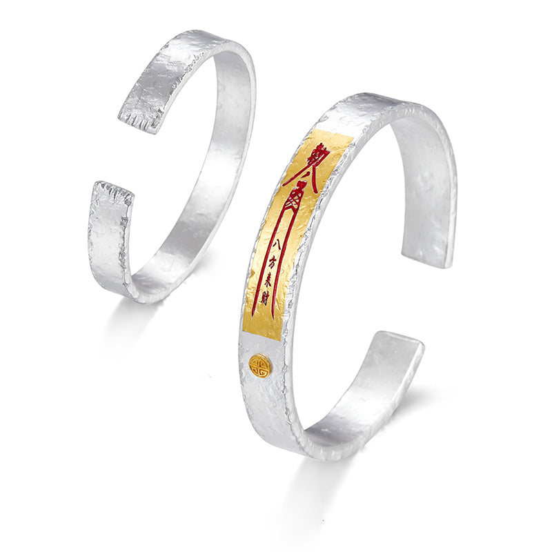 Taoist Wealth-Attracting Talisman 925 Fine Silver Cuff Bracelet