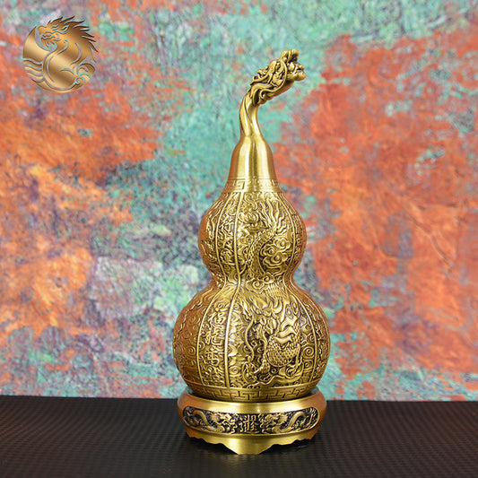 Taoist Consecrated Brass Dragon Pattern Gourd Feng Shui Ornament