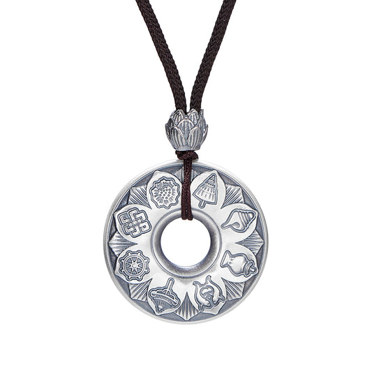 Taoist Consecrated 999 Sterling Silver Eight Treasures Heart Sutra Peace Buckle Pendant