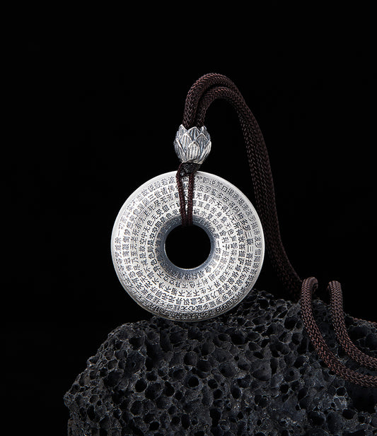 Taoist Consecrated 999 Sterling Silver Eight Treasures Heart Sutra Peace Buckle Pendant